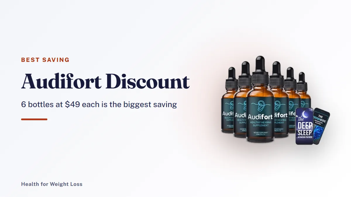 Audifort discount: the 6-bottle Audifort package with two bonus e-books, the biggest saving at $49 a bottle