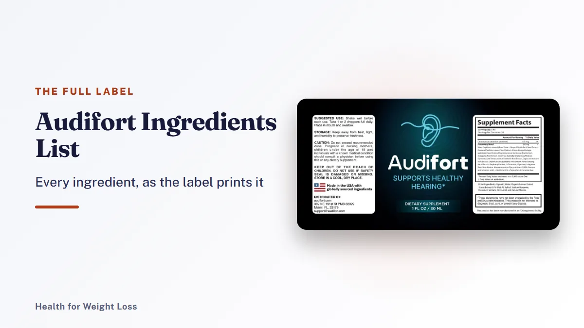 Audifort ingredients list: the Audifort Supplement Facts label showing chromium, the proprietary blend and other ingredients