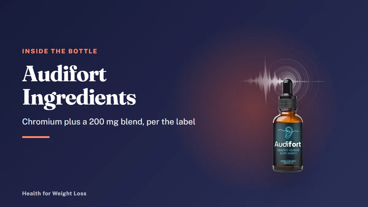 Audifort ingredients guide: one Audifort dropper bottle, a liquid blend of 22 plant extracts and amino acids