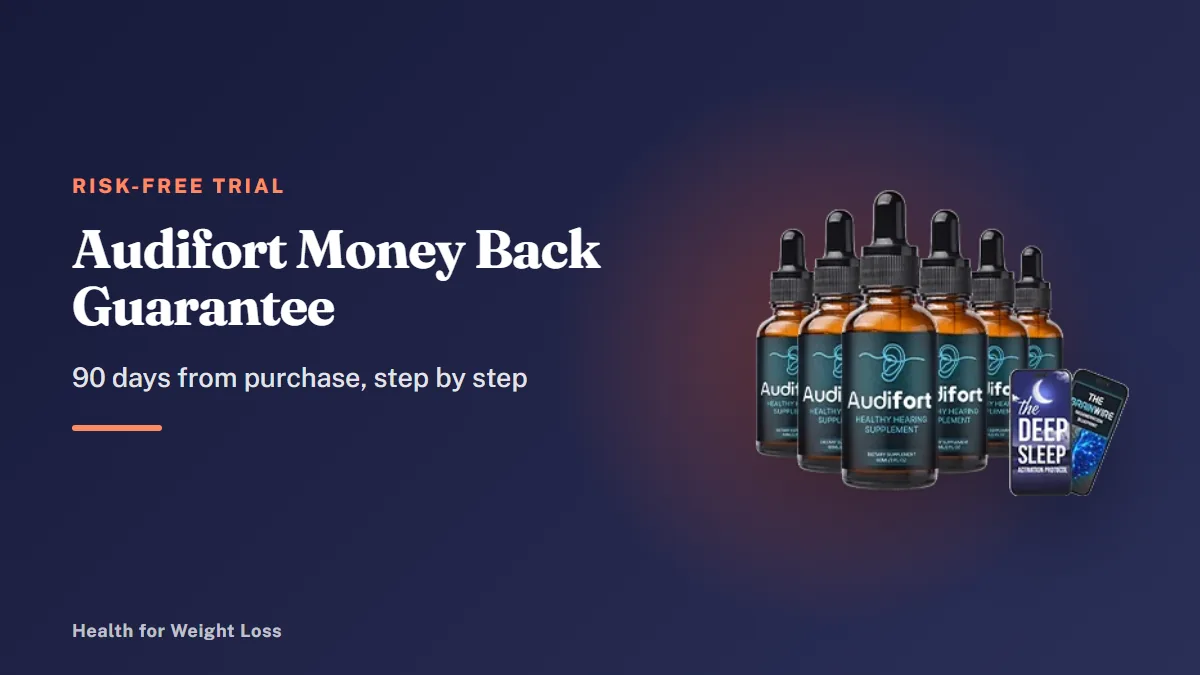 Audifort money-back guarantee: the 6-bottle Audifort package with two bonus e-books, covered by a 90-day refund window