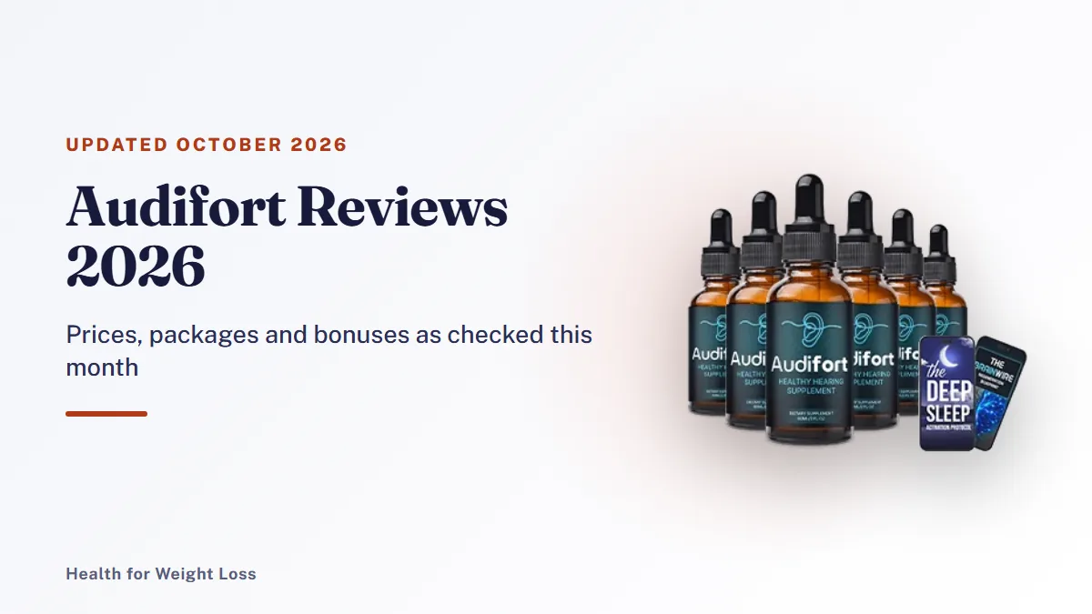 Audifort reviews 2026: the 6-bottle Audifort package shown with its two bonus e-books, our October 2026 pick