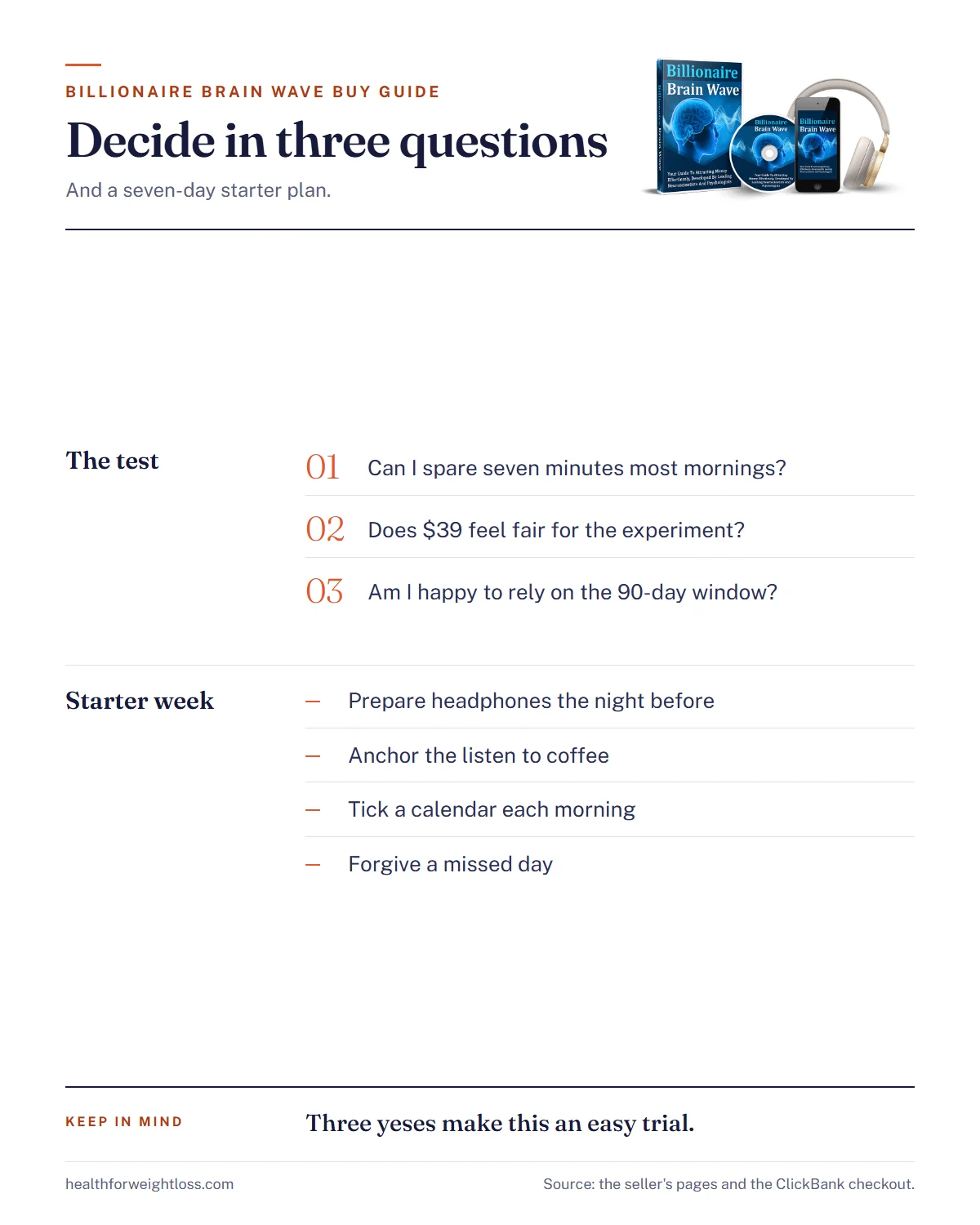 Billionaire Brain Wave buy guide infographic: a three-question decision test and a seven-day starter plan