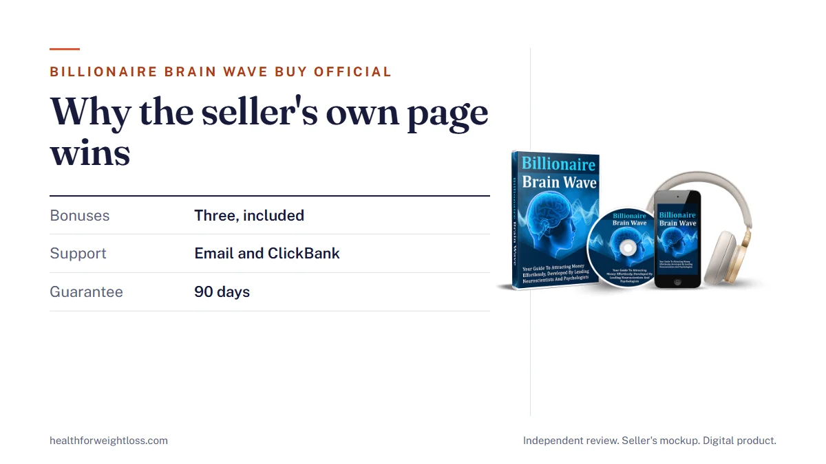 Billionaire Brain Wave buy official: the seller's mockup beside what the real order includes and the 90-day guarantee