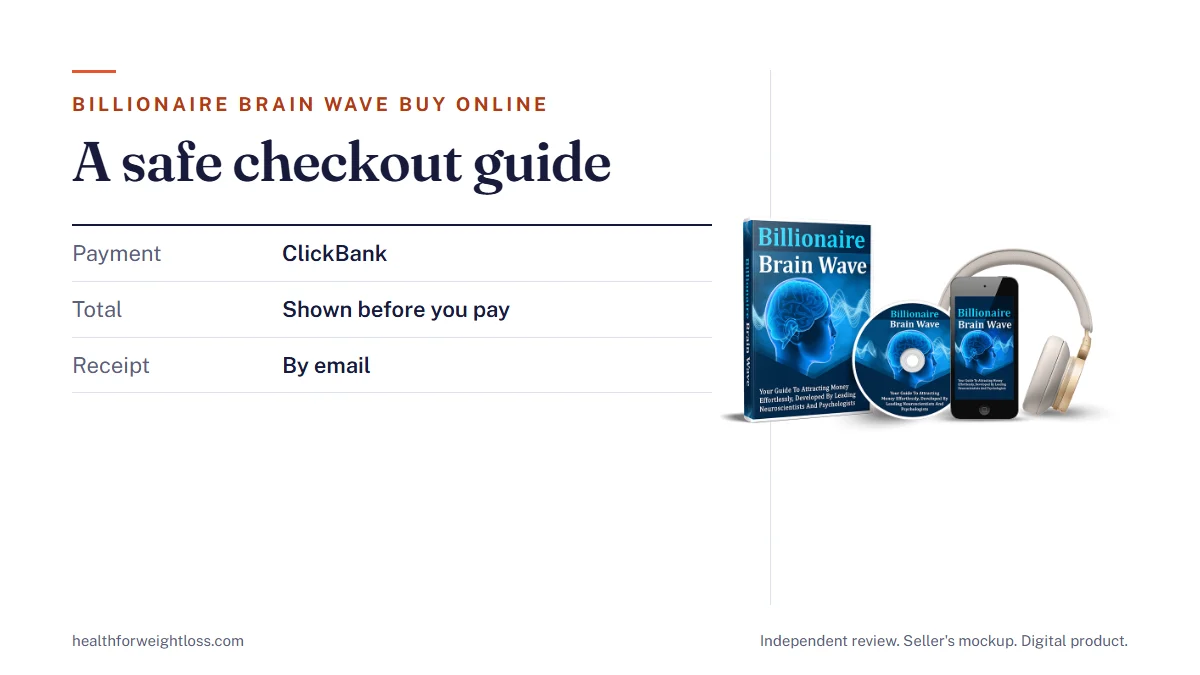 Billionaire Brain Wave buy online: the seller's mockup beside a safe checkout guide, ClickBank payment and the receipt email