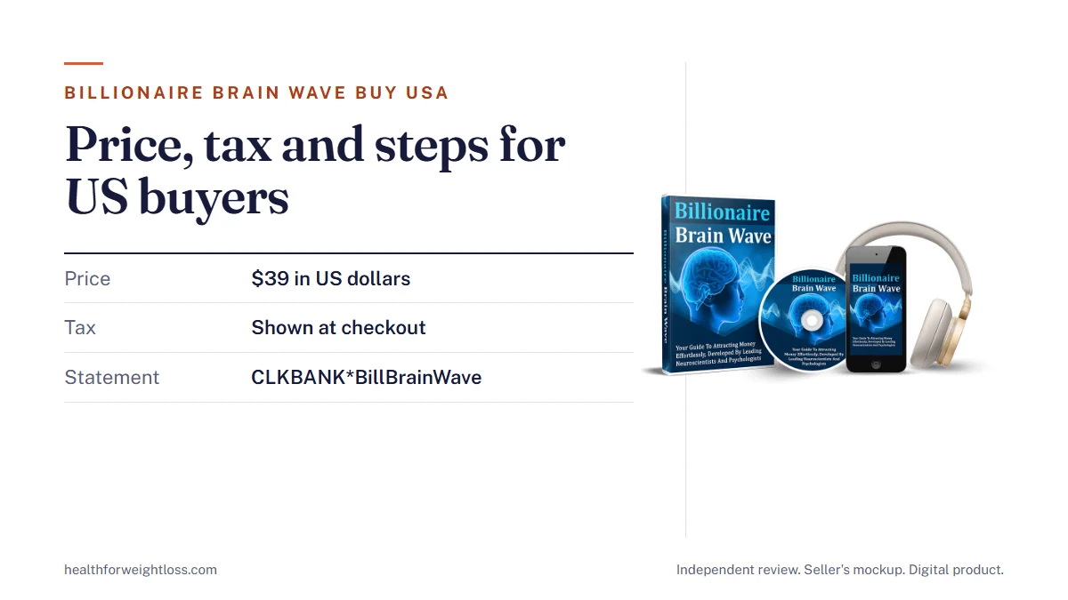 Billionaire Brain Wave buy USA: the seller's mockup beside the $39 price in US dollars and the ClickBank checkout