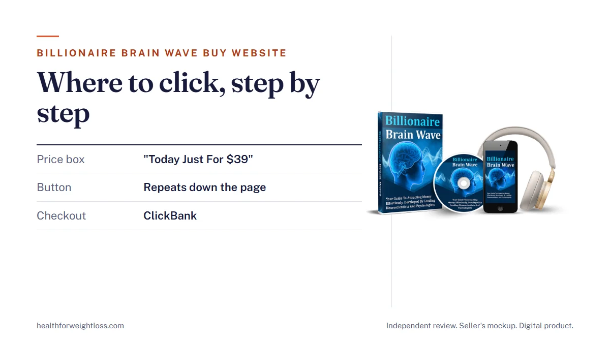 Billionaire Brain Wave buy website guide: the seller's mockup beside the $39 price box and the ClickBank checkout