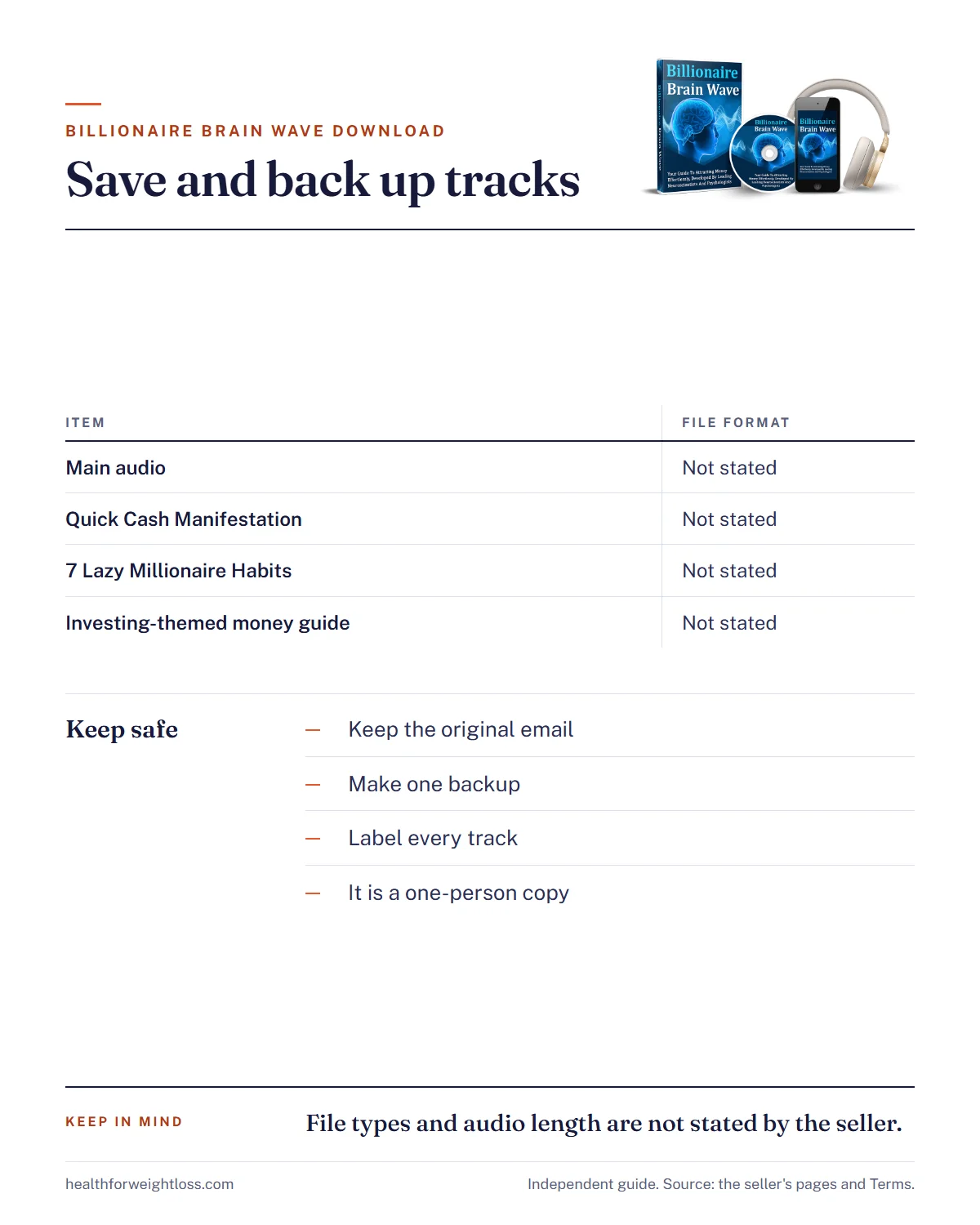 Billionaire Brain Wave download infographic: how to save and back up the tracks and what the order contains