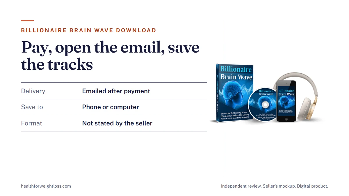 Billionaire Brain Wave download guide: the seller's mockup beside the route from payment to email to saved tracks