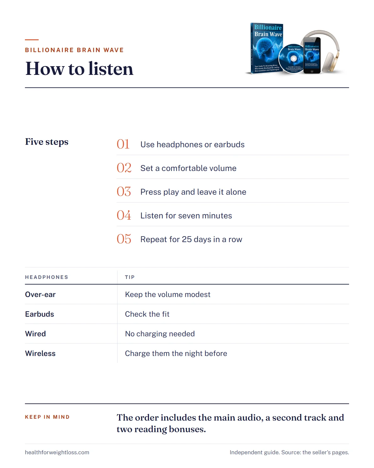 Billionaire Brain Wave frequency infographic: five listening steps, headphone options and what the order includes
