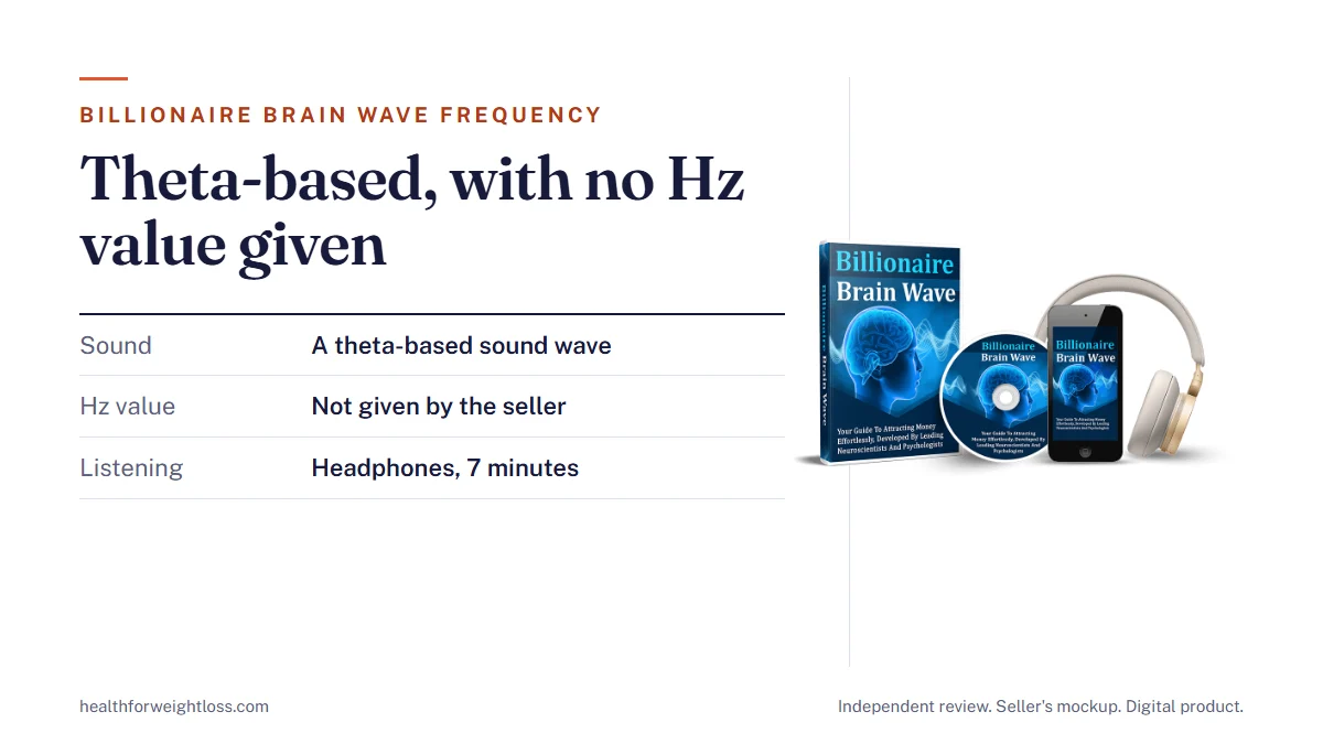 Billionaire Brain Wave frequency guide: the seller's mockup beside the theta-based sound wave, with no Hz value given
