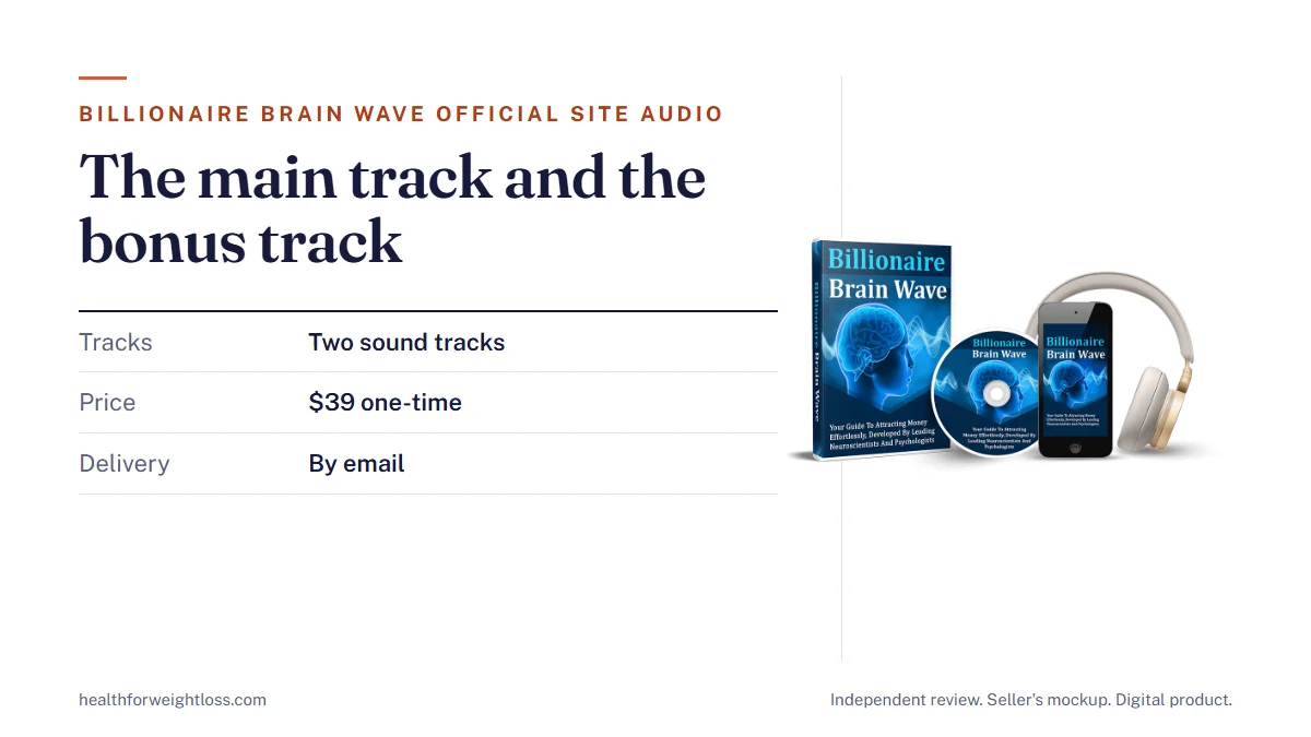 Billionaire Brain Wave official site audio guide: the seller's mockup beside the main track and the bonus track