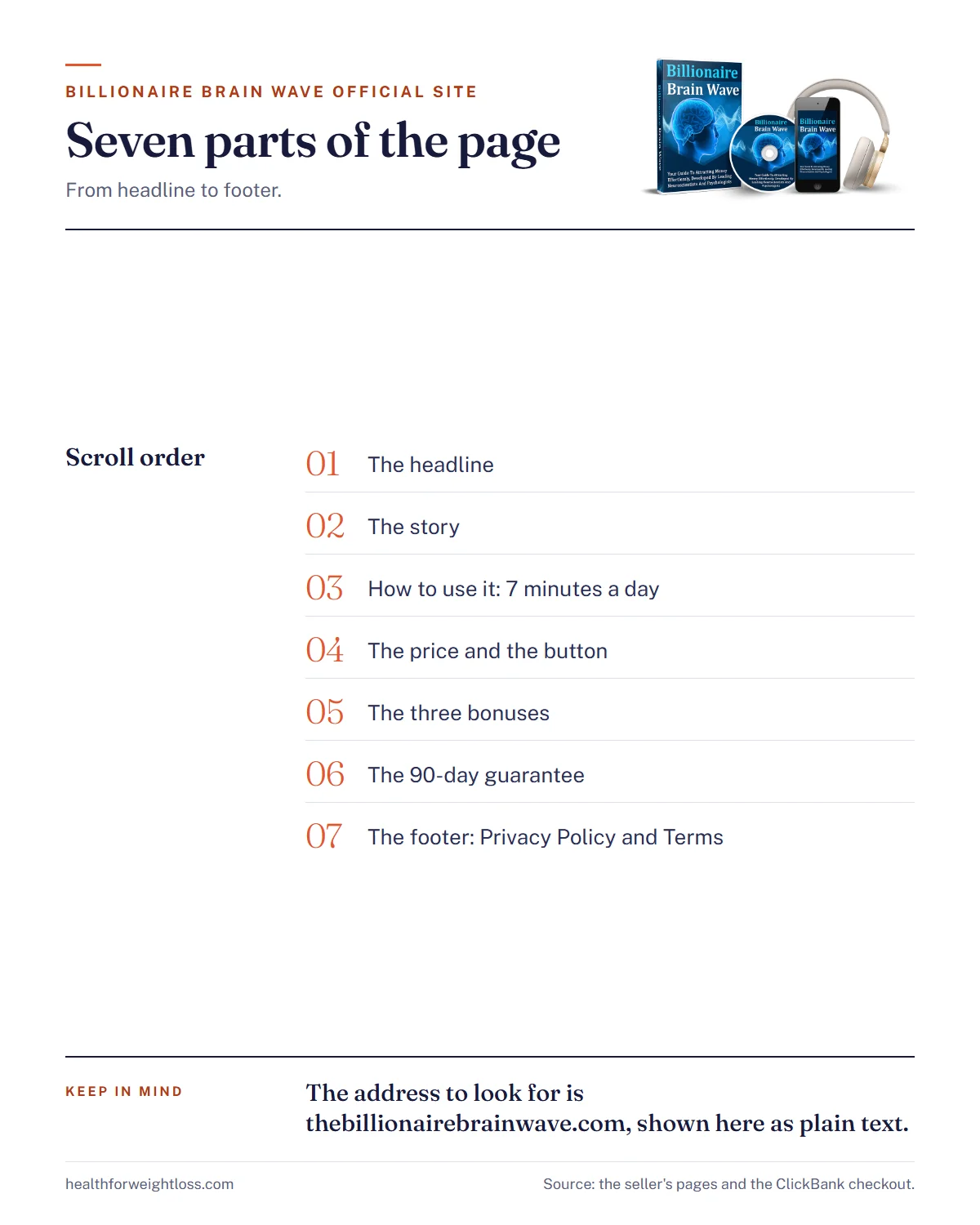 Billionaire Brain Wave official site infographic: the address to look for and the seven parts of the page
