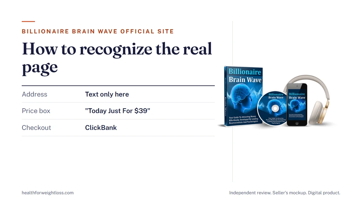 Billionaire Brain Wave official site guide: the seller's mockup beside the address, the price box and the ClickBank checkout