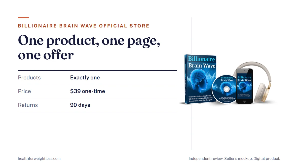 Billionaire Brain Wave official store guide: the seller's mockup beside the one-product page and the 90-day returns desk