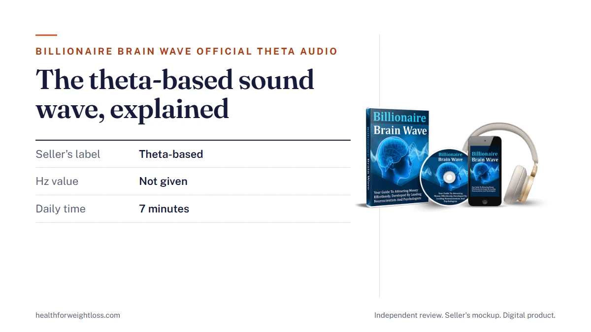 Billionaire Brain Wave official theta audio guide: the seller's mockup beside the daily routine and the 90-day guarantee