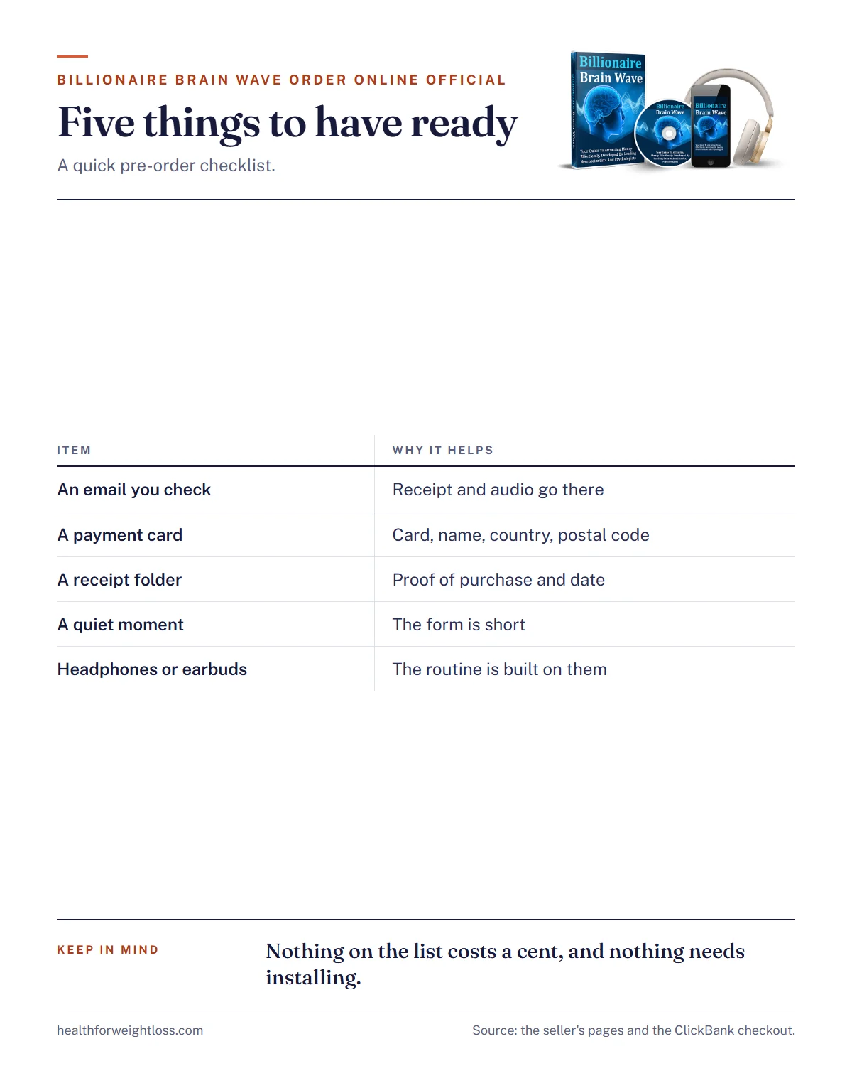 Billionaire Brain Wave order online official infographic: the five things to have ready and what the checkout form asks for