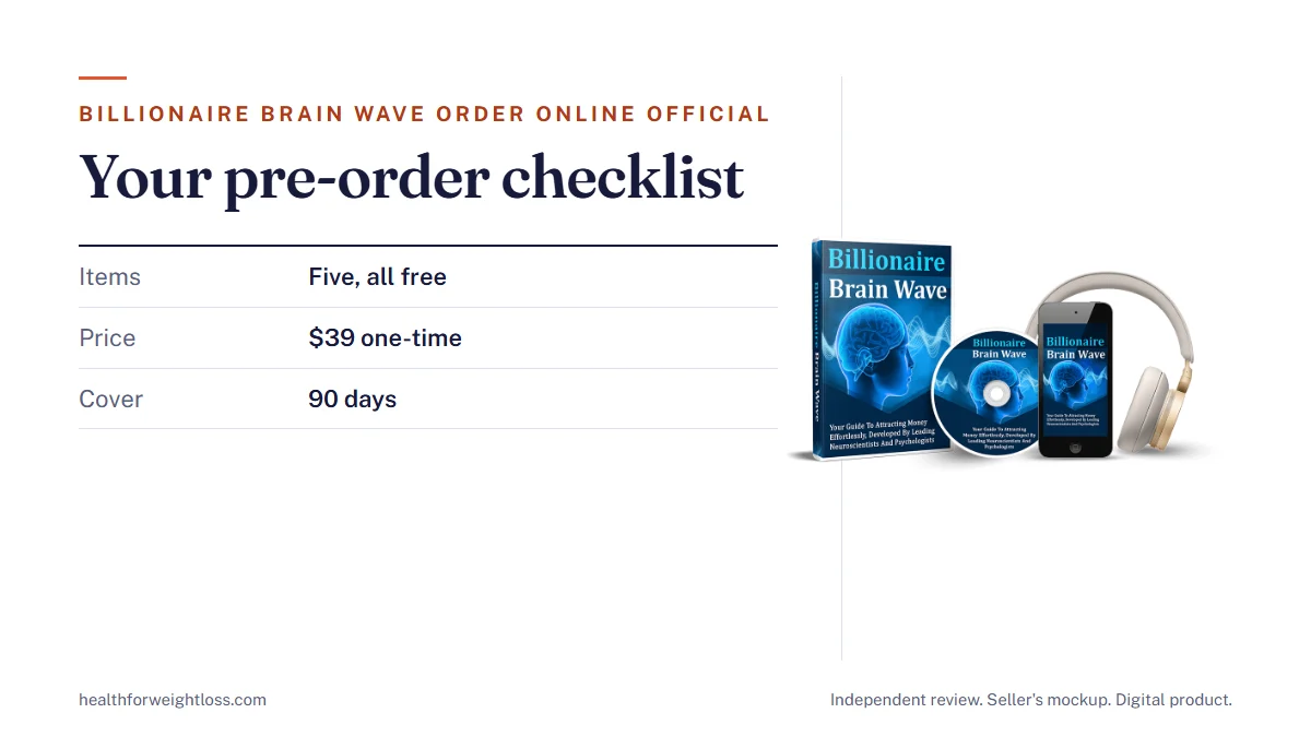 Billionaire Brain Wave order online official checklist: the seller's mockup beside five things to have ready before you pay