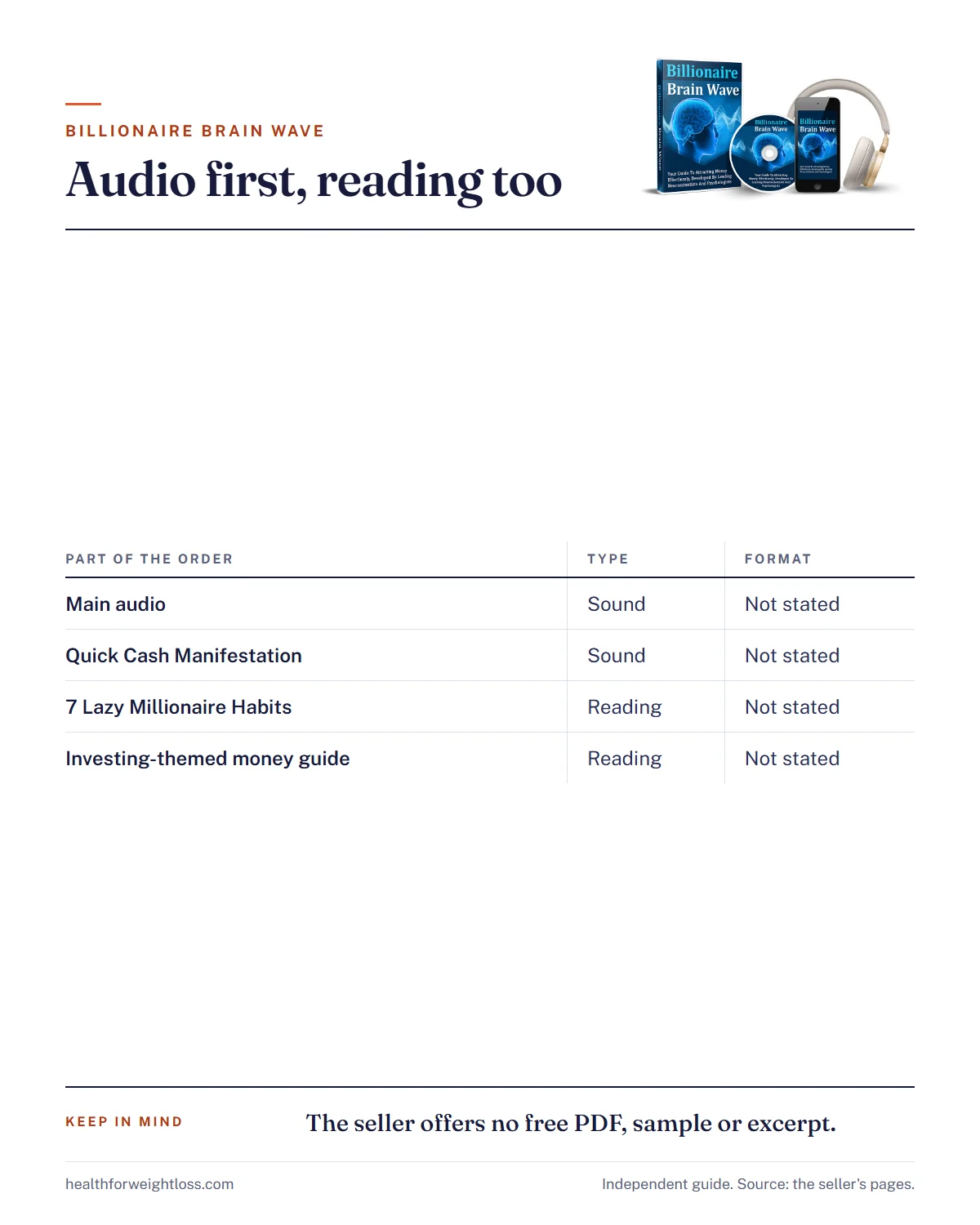 Billionaire Brain Wave PDF download infographic: the main product is audio, plus two reading bonuses