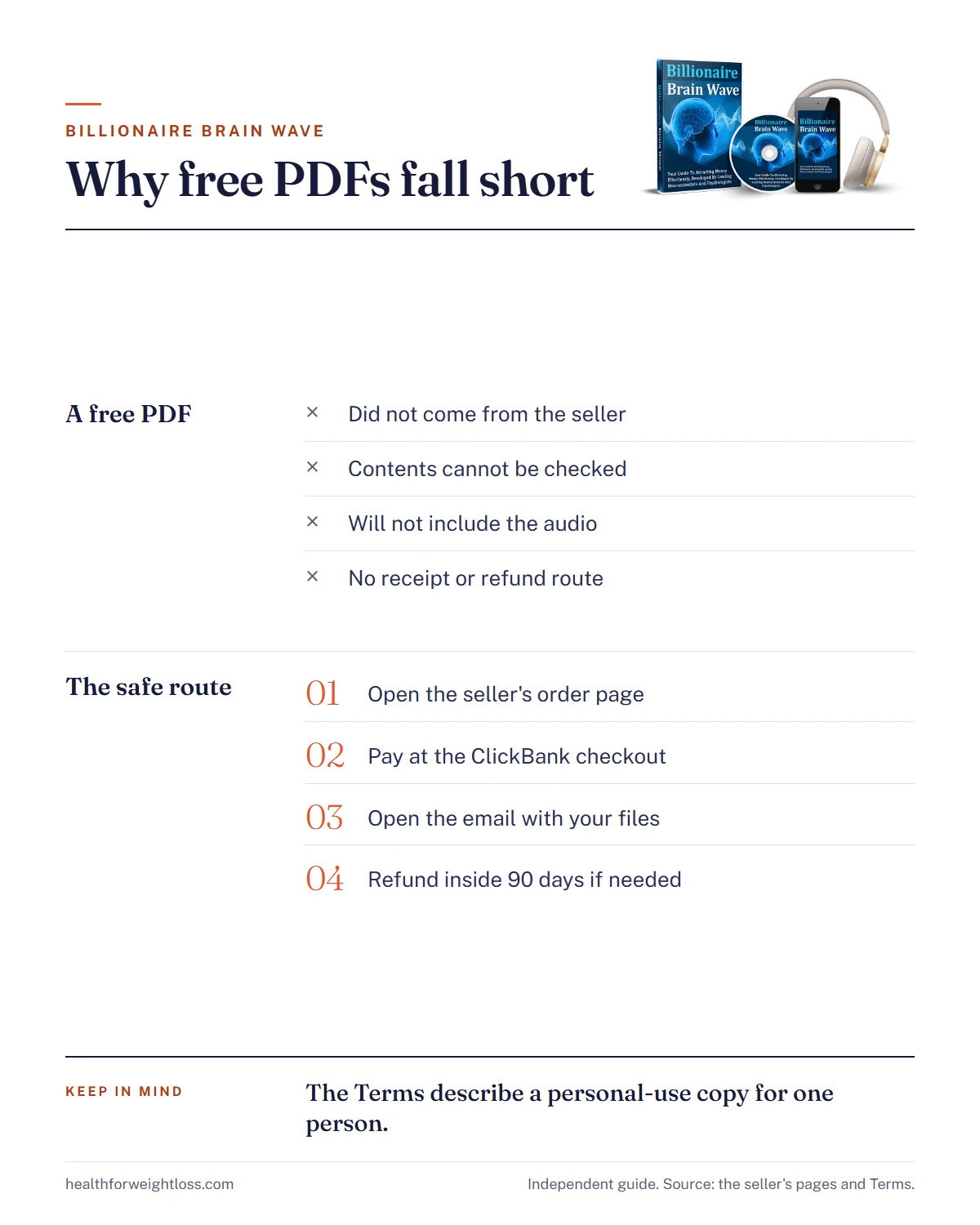 Billionaire Brain Wave PDF download infographic: why a free PDF is not the real product and the safe way to order