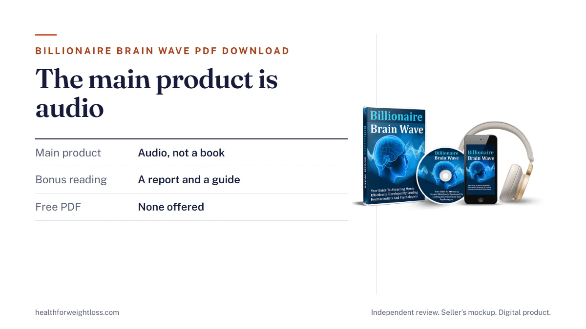 Billionaire Brain Wave PDF download answer: the seller's mockup, an audio product with no free PDF version