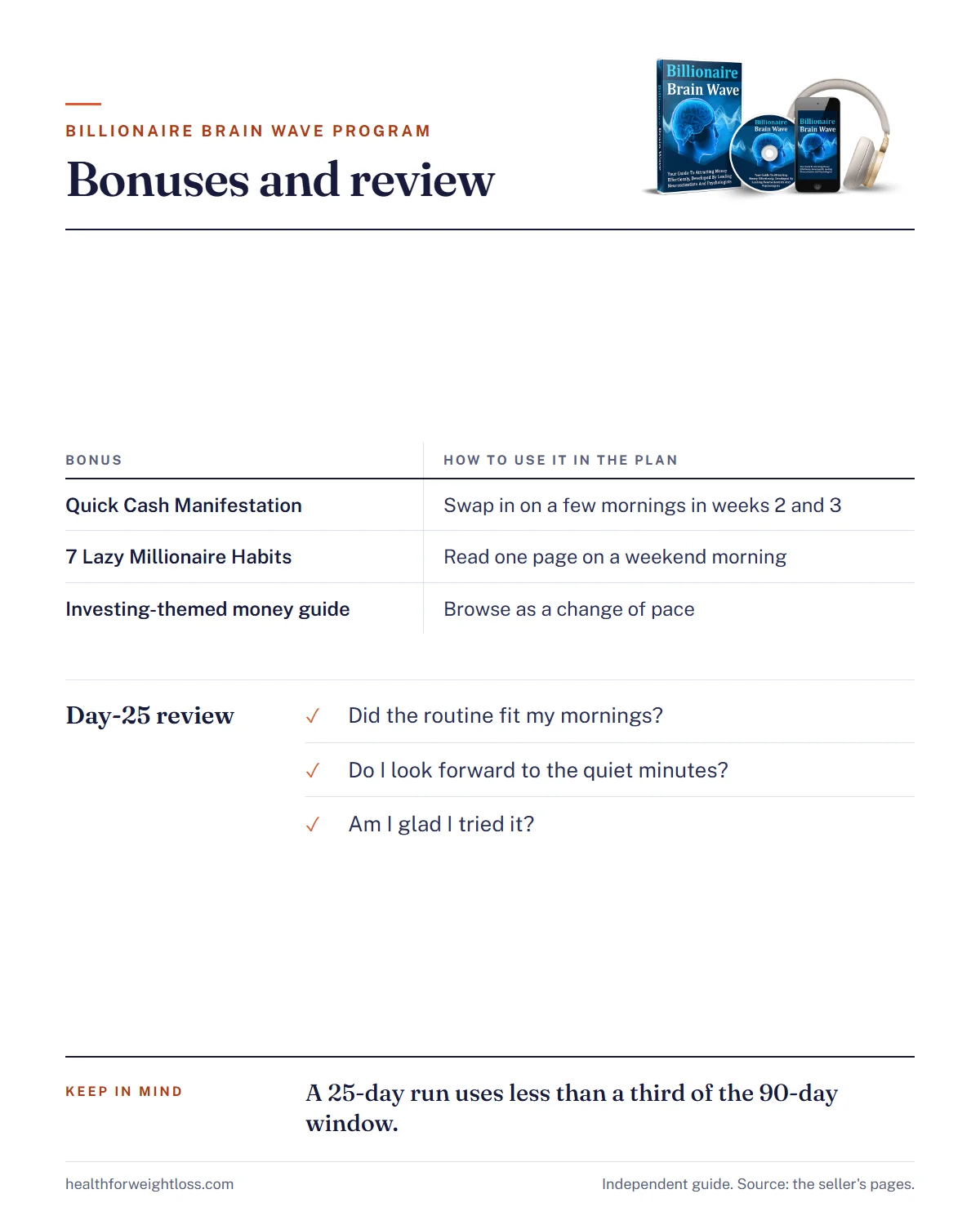 Billionaire Brain Wave program infographic: the bonus add-ons by week and the day-25 review checklist