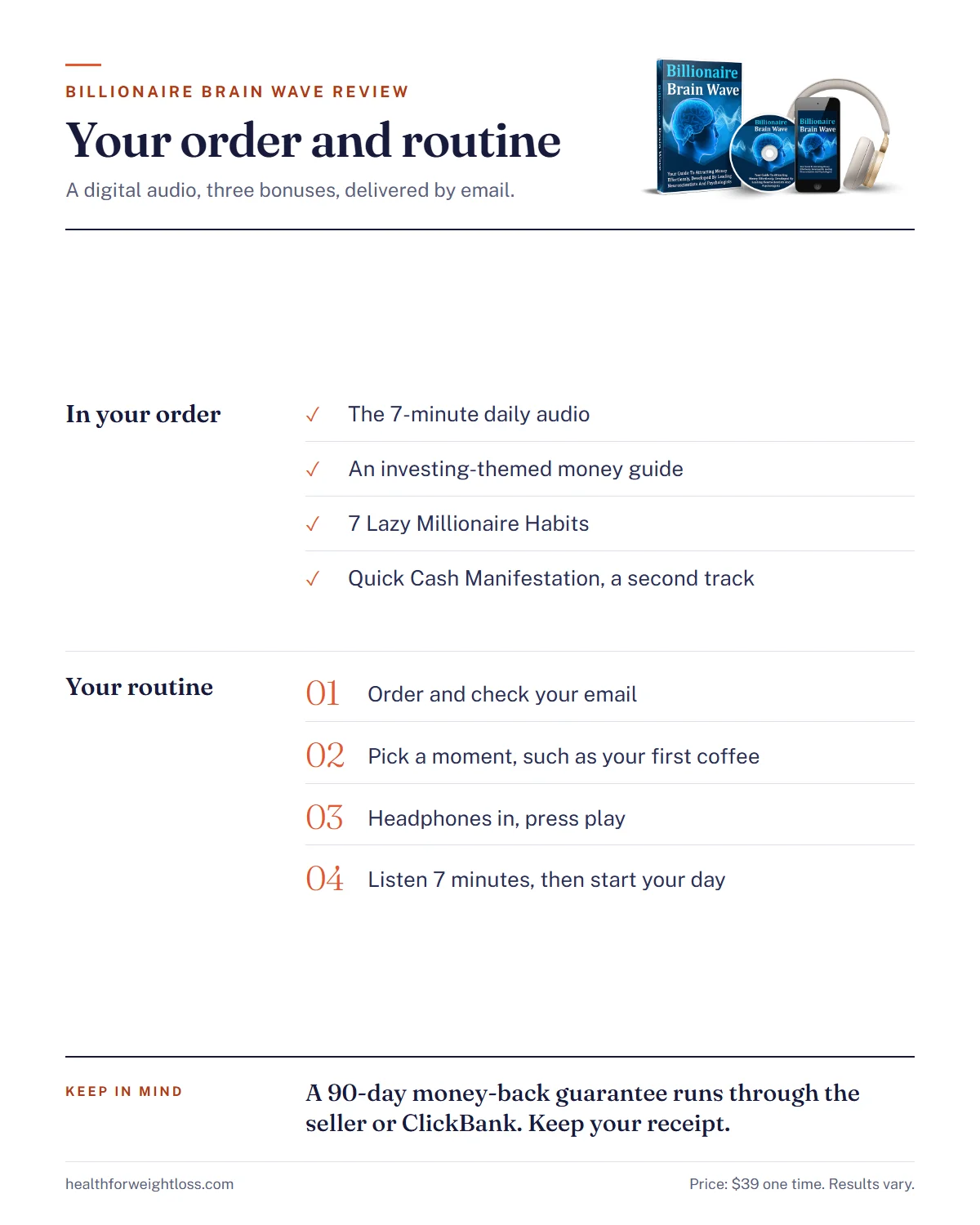 Billionaire Brain Wave review infographic: what the order includes and the four steps of the daily routine