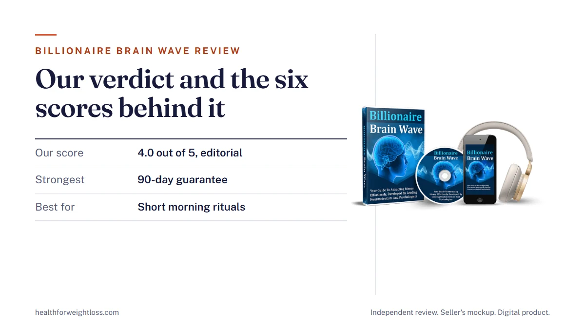 Billionaire Brain Wave review: the seller's mockup beside our 4.0 out of 5 editorial score and the best-fit reader