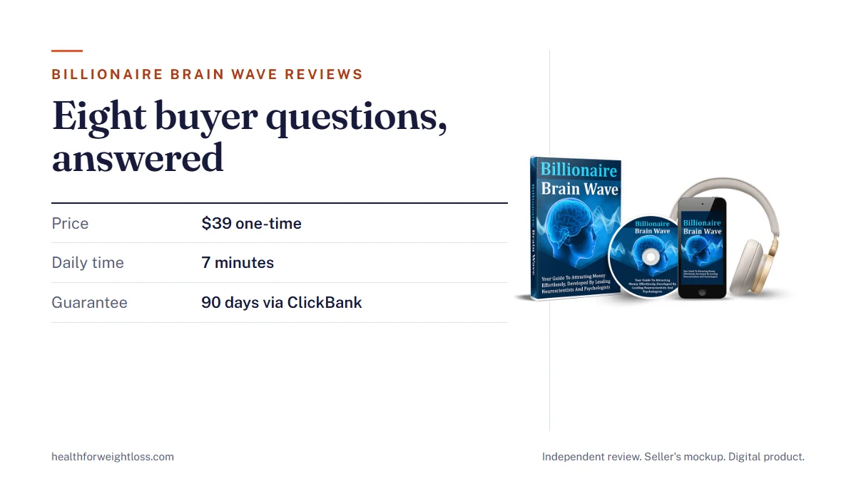 Billionaire Brain Wave reviews: eight buyer questions answered beside the seller's mockup, $39 price and 90-day guarantee