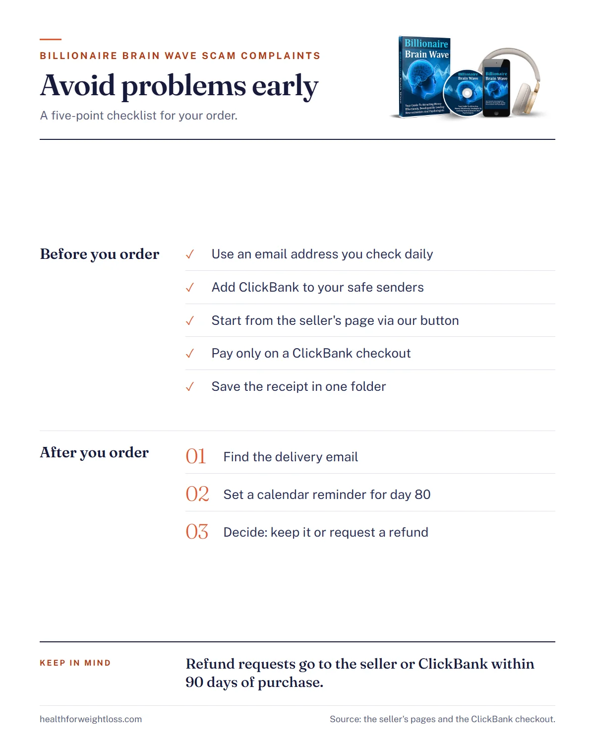 Billionaire Brain Wave scam complaints infographic: a five-point checklist to avoid delivery and refund problems
