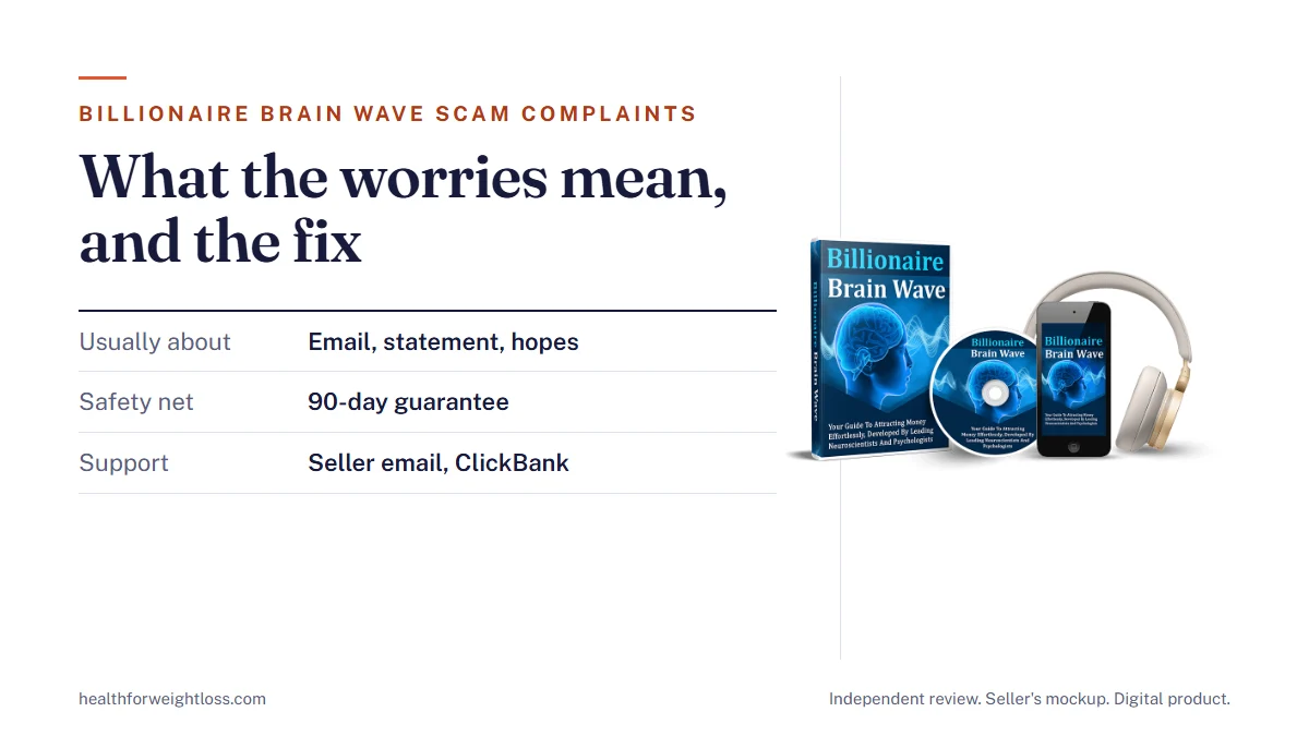 Billionaire Brain Wave scam complaints explained: five common worries and the 90-day ClickBank guarantee that answers them
