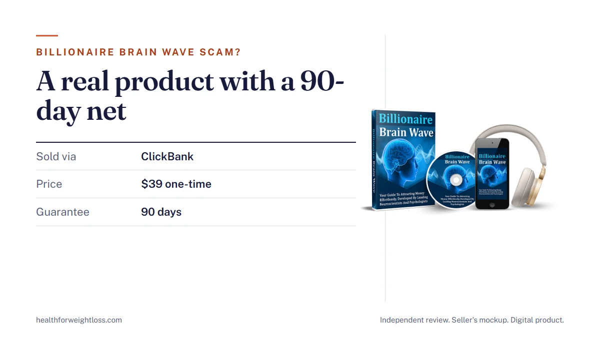 Billionaire Brain Wave scam question answered: the seller's mockup beside ClickBank payment, $39 once and a 90-day guarantee