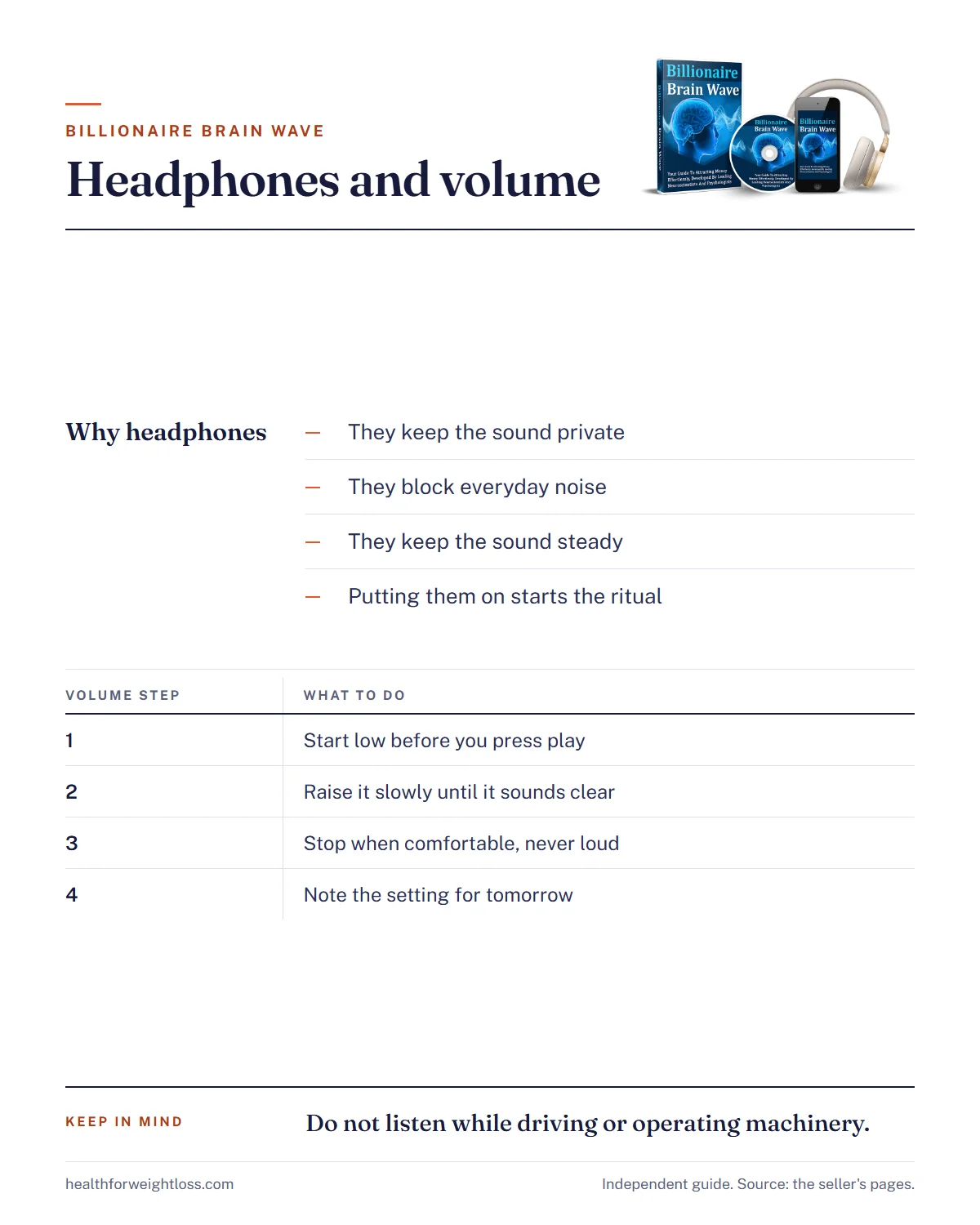 Billionaire Brain Wave sound infographic: why headphones, how to pick a quiet morning spot and a comfortable volume