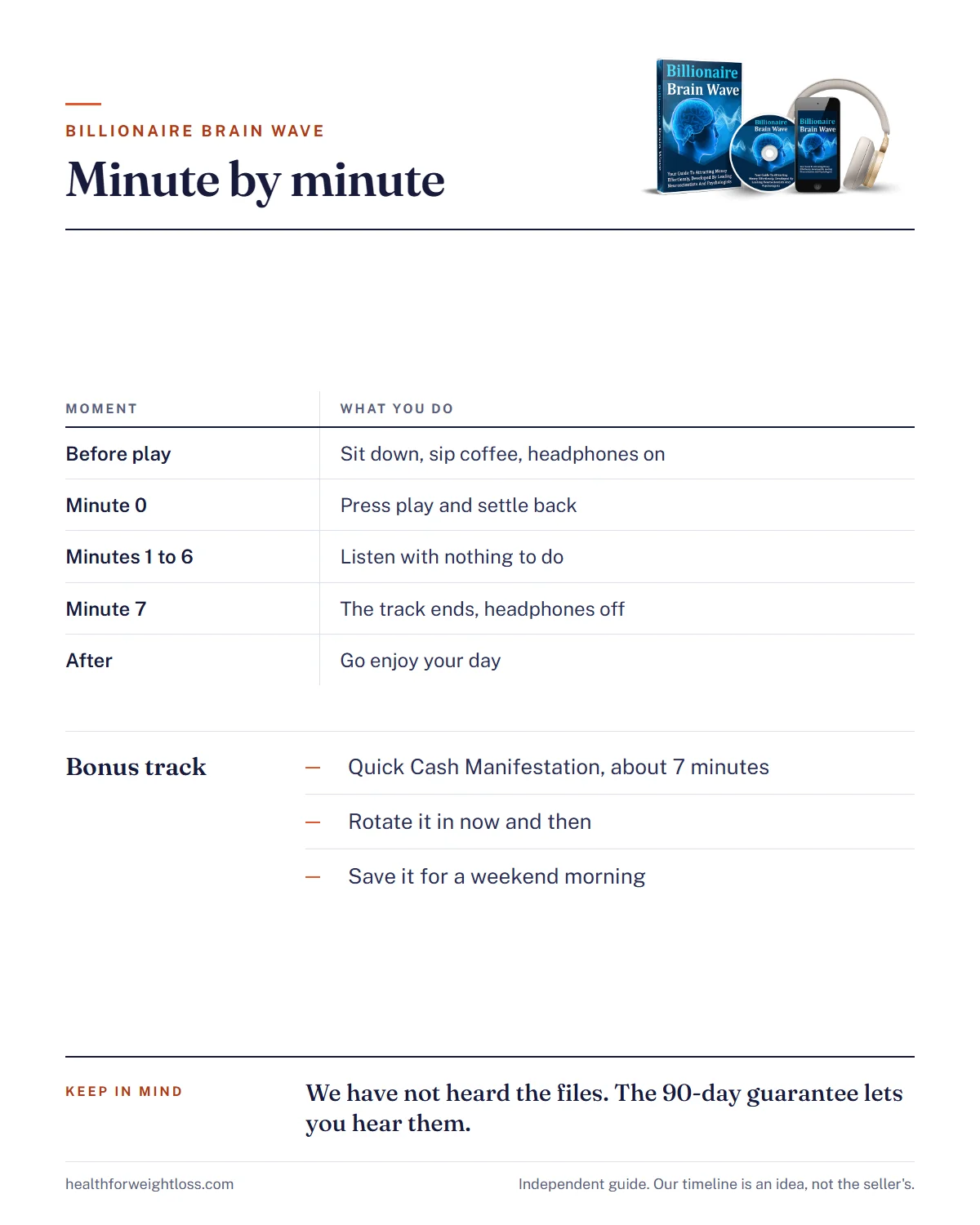 Billionaire Brain Wave sound infographic: a minute-by-minute seven-minute session and how to use the second bonus track