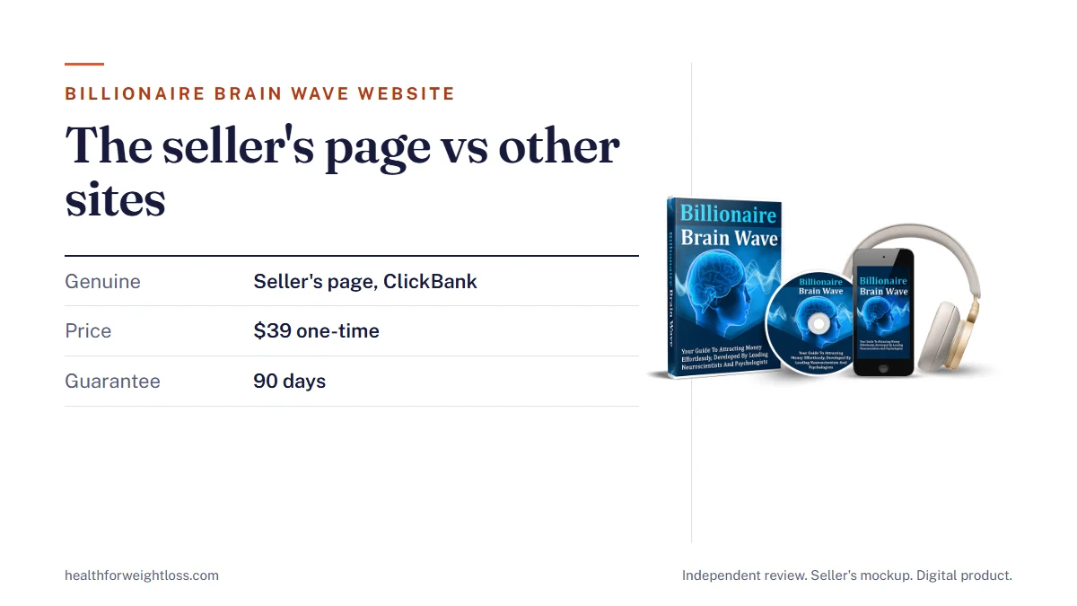 Billionaire Brain Wave website guide: the seller's mockup beside the genuine seller's page and the ClickBank checkout