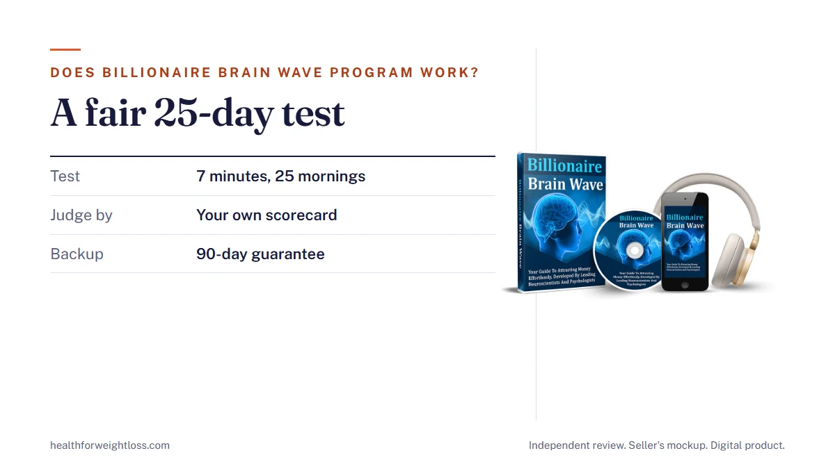 Does Billionaire Brain Wave program work: the seller's mockup beside a fair 25-day trial plan and the 90-day guarantee