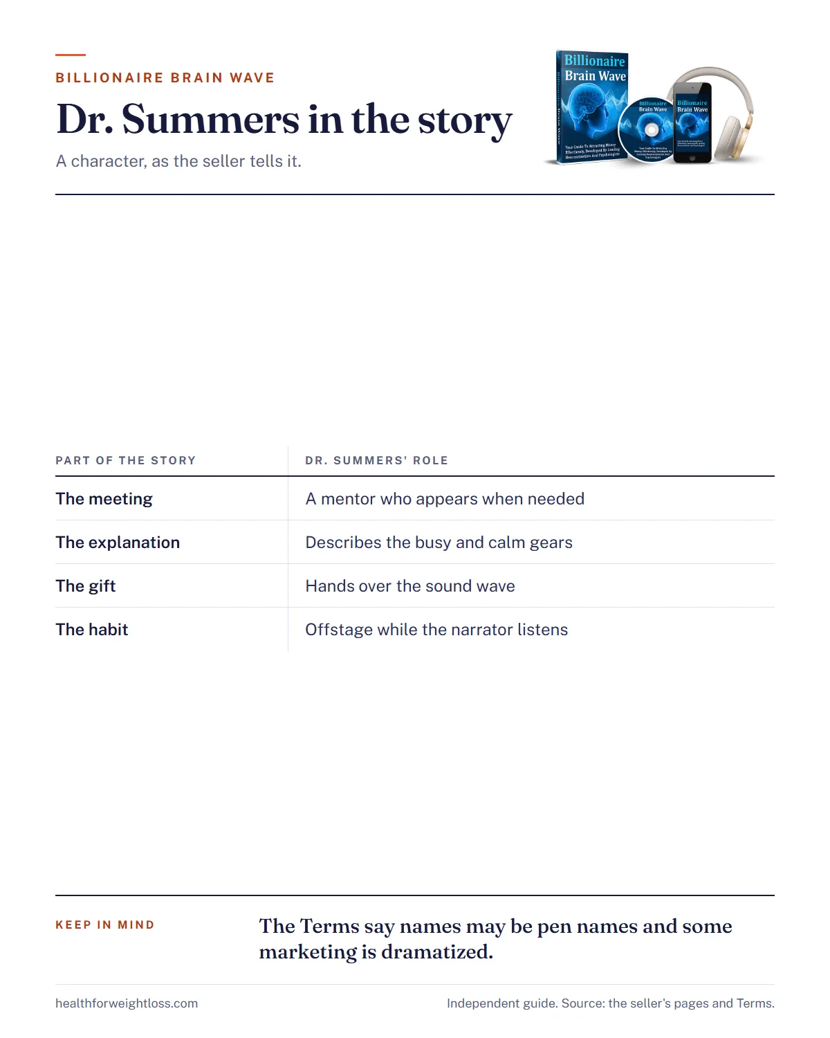 Dr Summers Billionaire Brain Wave infographic: the character's role in the seller's story and what the seller's Terms say about names