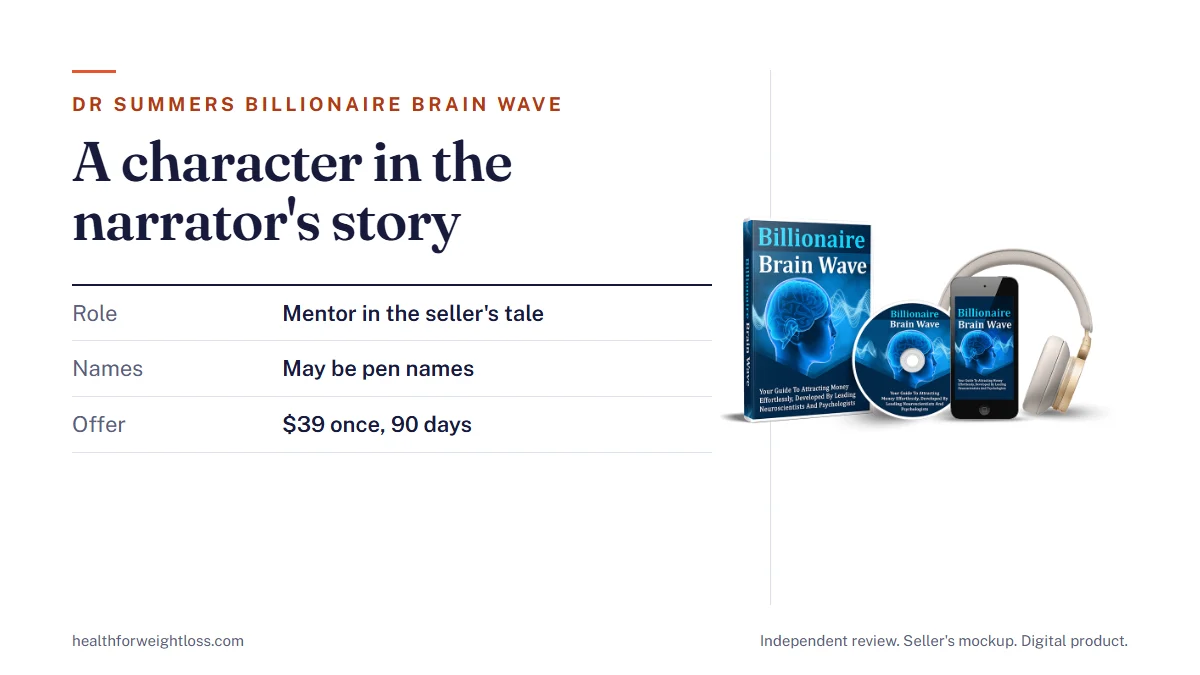 Dr Summers Billionaire Brain Wave explained: the seller's mockup beside the character in the narrator's story