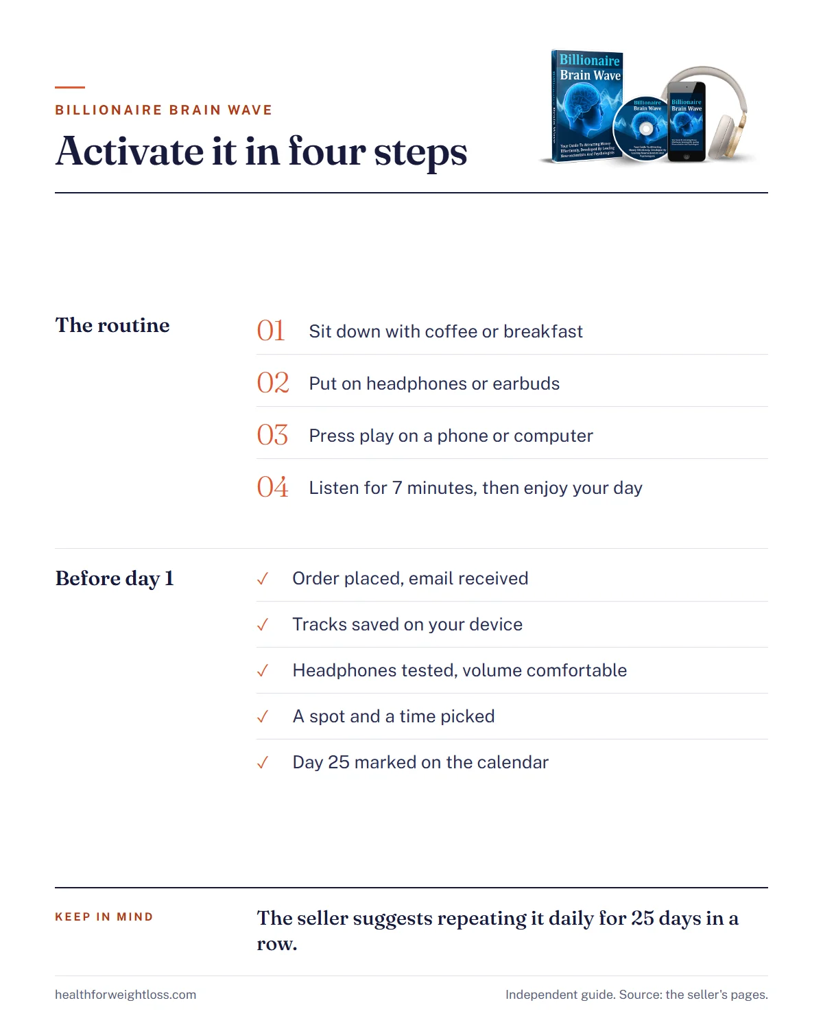 How to activate your Billionaire Brain Wave infographic: the four routine steps and a five-item setup checklist