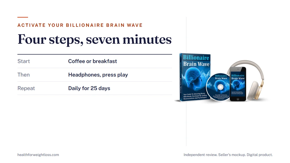 How to activate your Billionaire Brain Wave: the seller's mockup beside four steps, headphones, play, 7 minutes, repeat