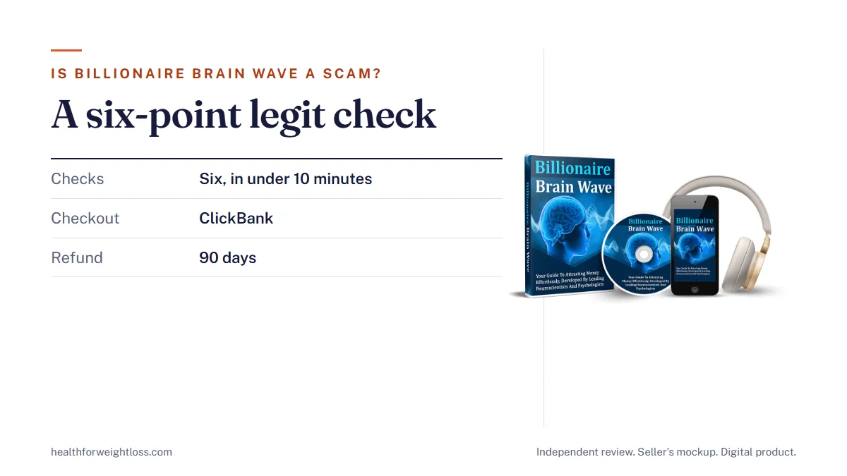 Is Billionaire Brain Wave a scam? A six-point legit check: seller, checkout, access, price, refund and claims
