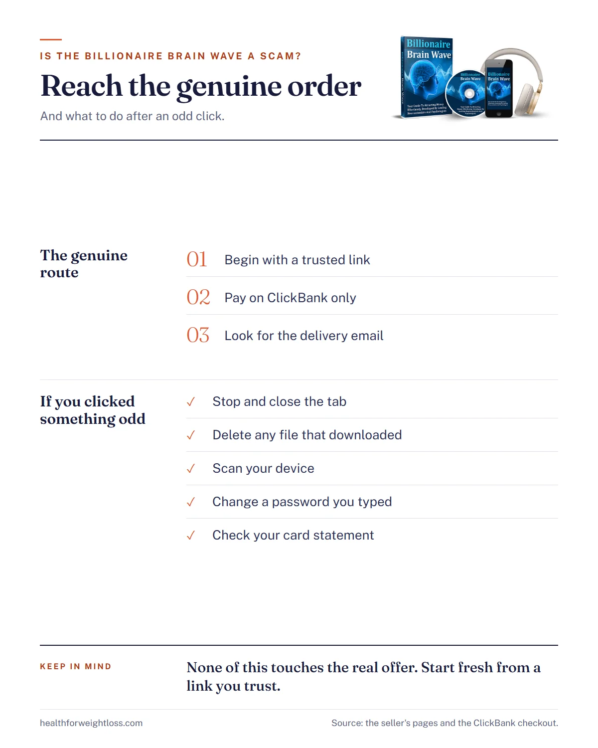 Is the Billionaire Brain Wave a scam? Infographic of the three steps to the genuine order and what to do after an odd click