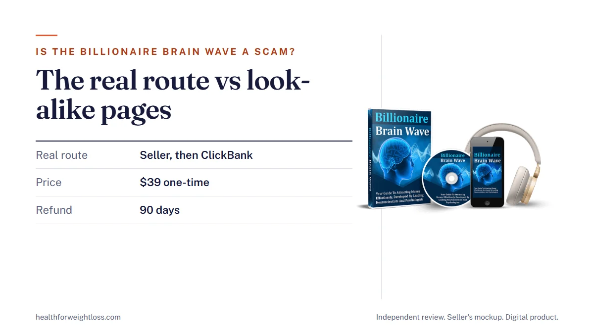 Is the Billionaire Brain Wave a scam? The seller's mockup beside the real route: seller's page, ClickBank, emailed audio