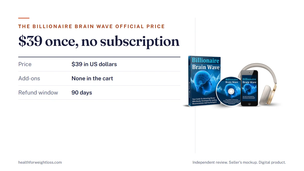 The Billionaire Brain Wave official price guide: the seller's mockup beside $39 one time, three bonuses and 90 days