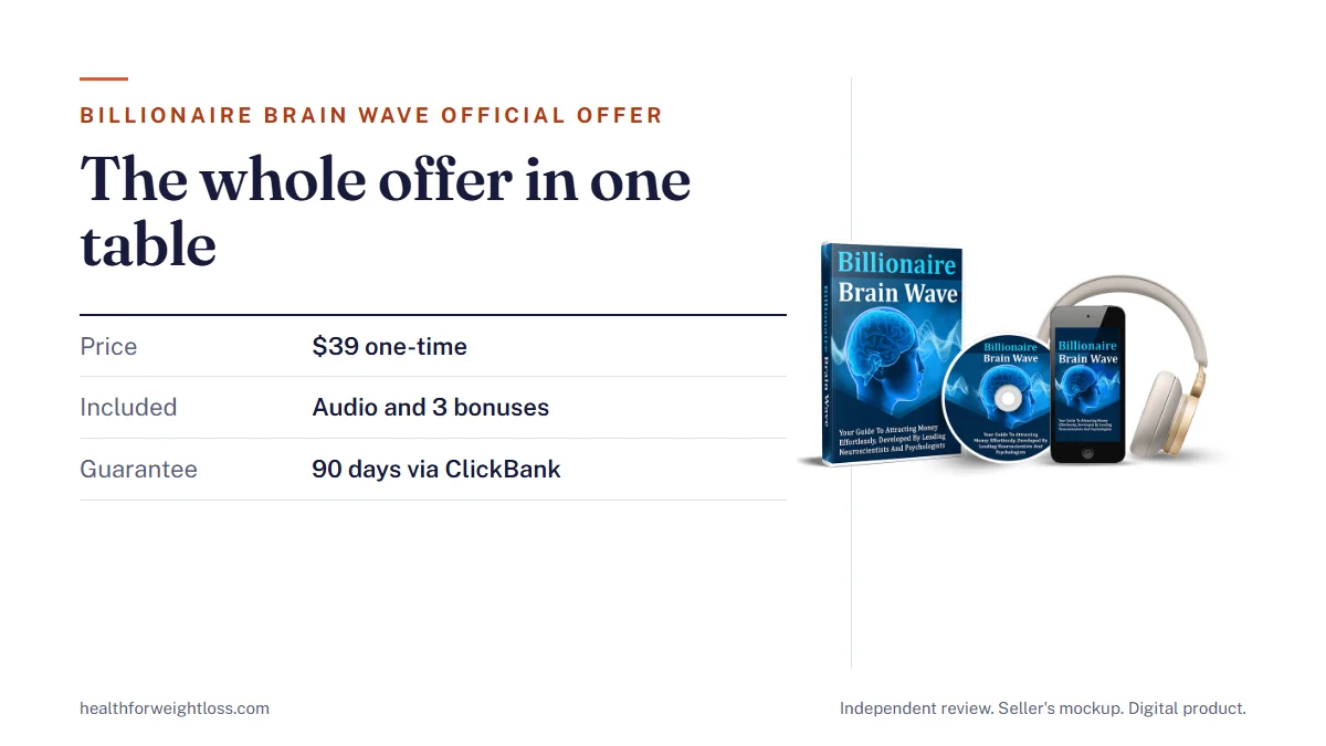 The Billionaire Brain Wave official offer in one table: the seller's mockup beside the price, bonuses and guarantee