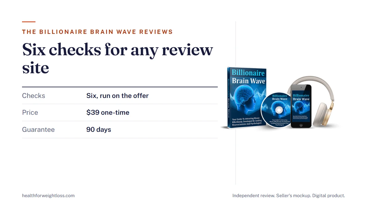 The Billionaire Brain Wave reviews roundup: six checks to run on any review site, beside the seller's mockup and $39 price