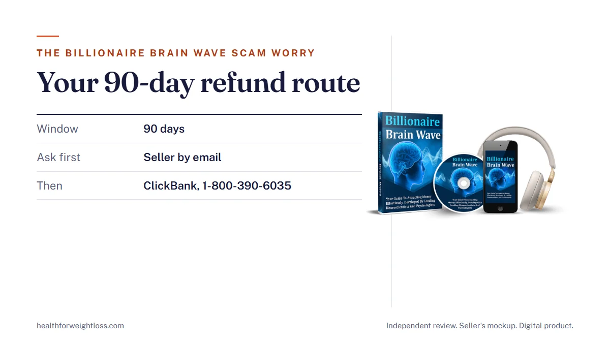 The Billionaire Brain Wave scam worry answered: the seller's mockup beside the refund route and your receipt