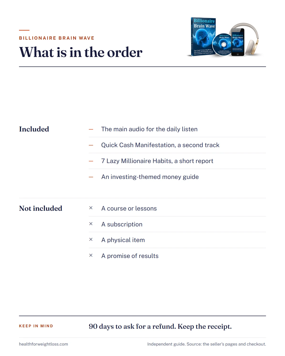 What is Billionaire Brain Wave infographic: what the order contains, what it is not and the 90-day guarantee