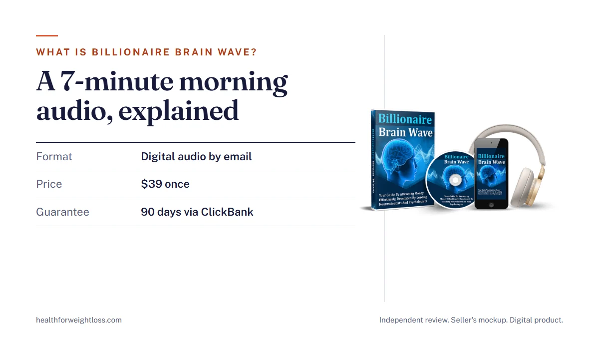 What is Billionaire Brain Wave: the seller's mockup beside a plain summary of the audio, price, routine and guarantee