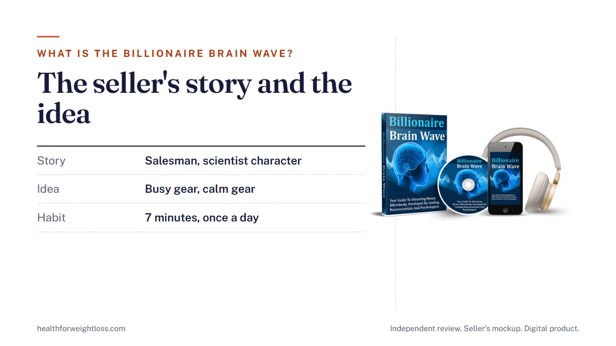 What is the Billionaire Brain Wave: the seller's mockup beside the four chapters of the story and the 7-minute habit