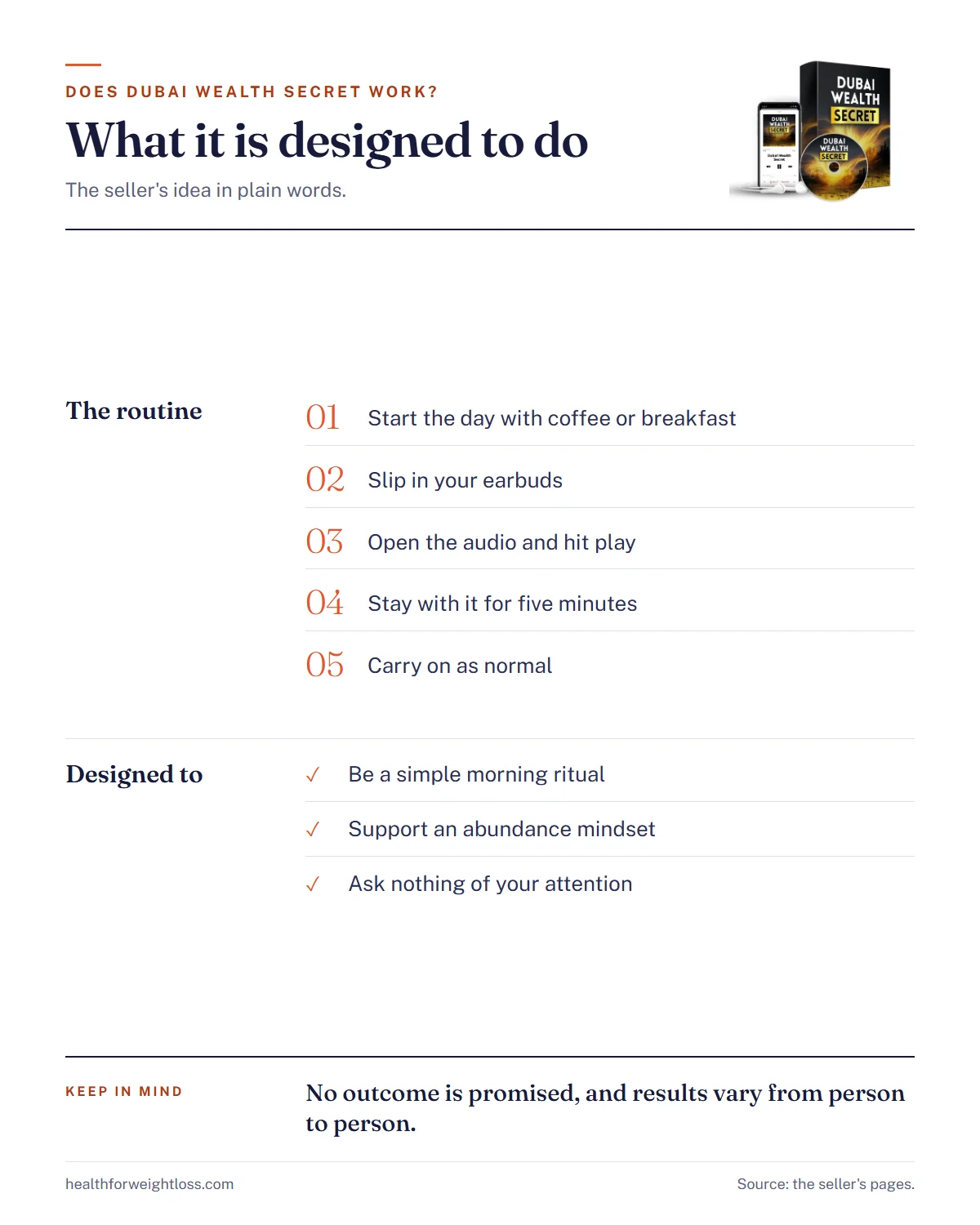 Does Dubai Wealth Secret work infographic: what the audio is designed to do and the five-step daily routine
